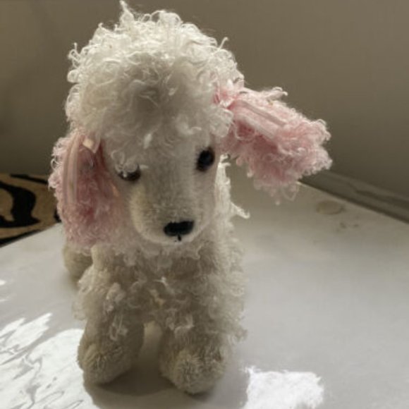 AURORA Mini 6" White POODLE Pink Ears Tail PUPPY DOG Plush Stuffed Toy Bows - Picture 1 of 1